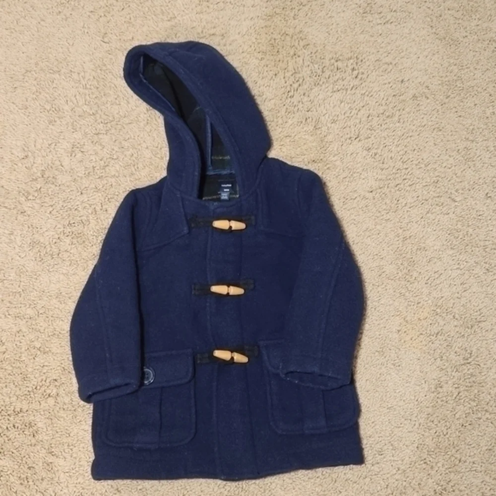 Gap Peacoat Wool‎ Blend Navy Blue Plaid   Interior 18-24 mos Wooden Tie Zipper